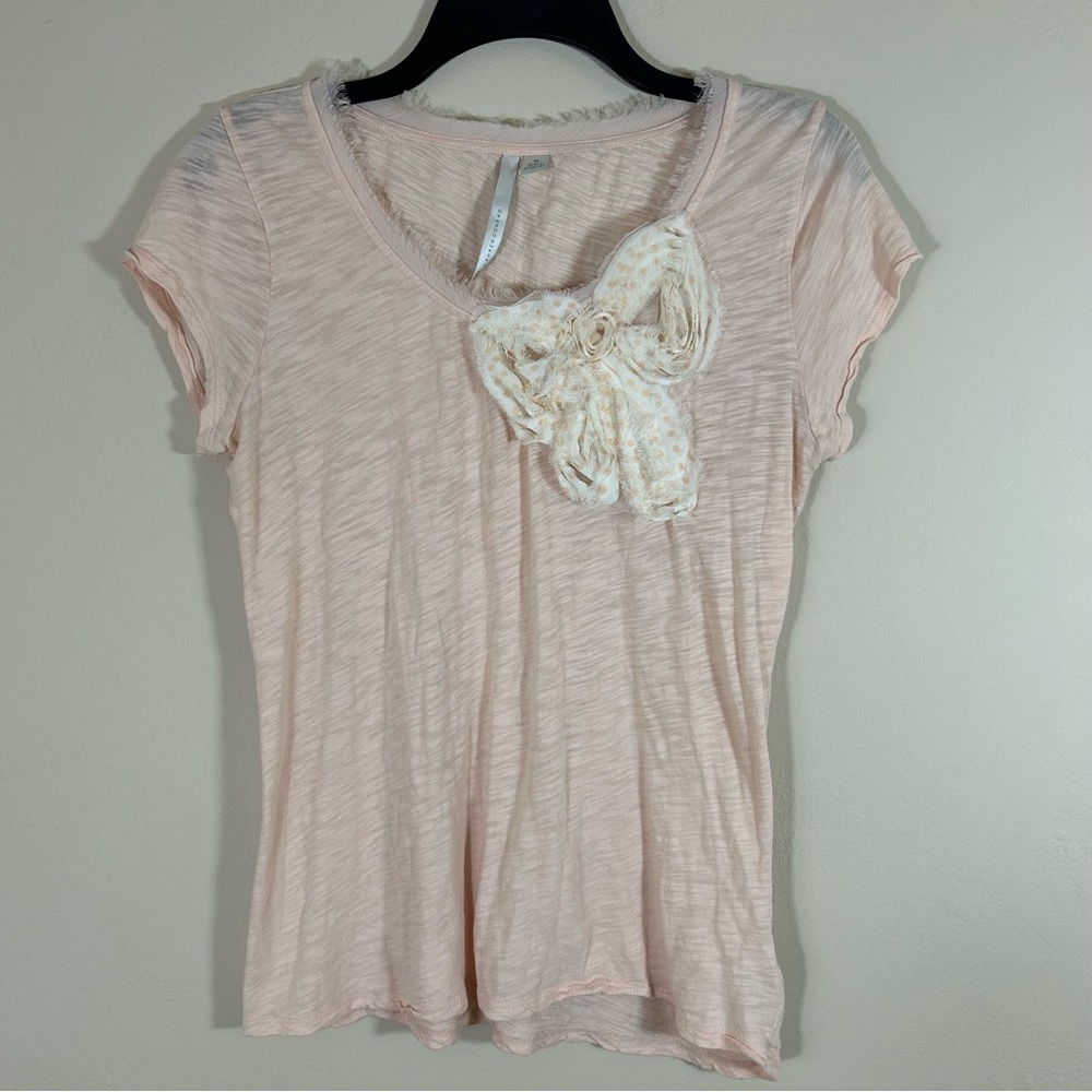 Lauren Conrad Womens Peach Polka Dot Chiffon Bow Tee M Eyelash Trim T Shirt Top - Picture 2 of 8